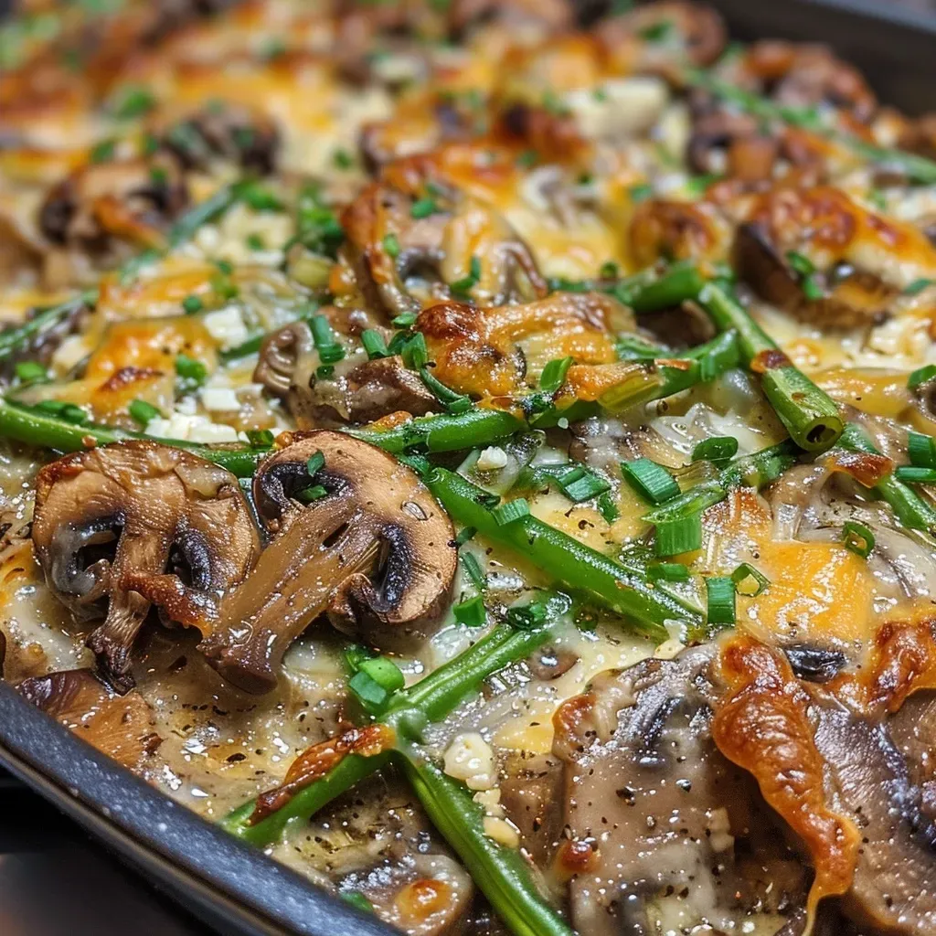 Side angle shot of a creamy green bean casserole topped with cheddar and parmesan.