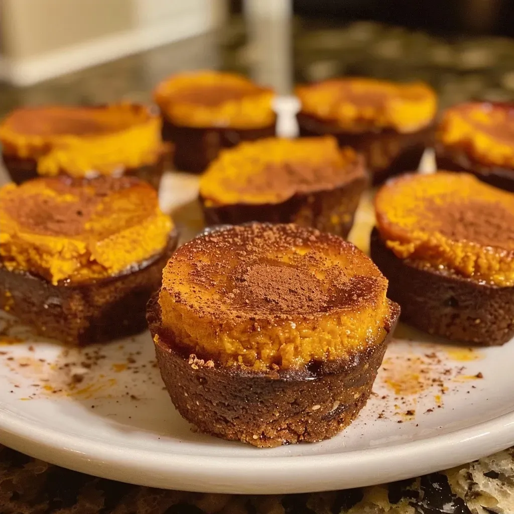 Side view of delicious keto pumpkin cheesecake bites with a creamy topping and orange hue.