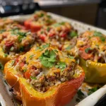 Juicy, colorful Keto Stuffed Peppers filled with ground beef and cheese.