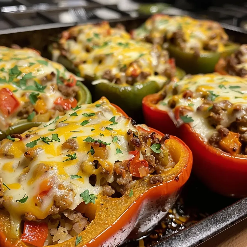 Close-up of vibrant bell peppers stuffed with a savory beef mixture and topped with melted cheese.