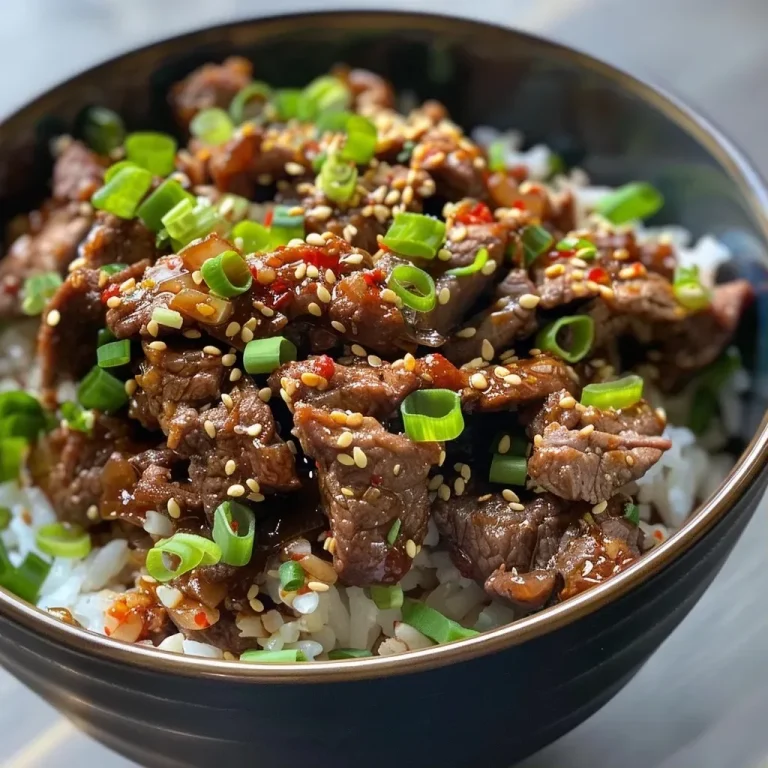 Quick and Flavorful Korean Beef Bowl for Busy Weeknights Close-up of a juicy Korean beef bowl garnished with green onions and sesame seeds.