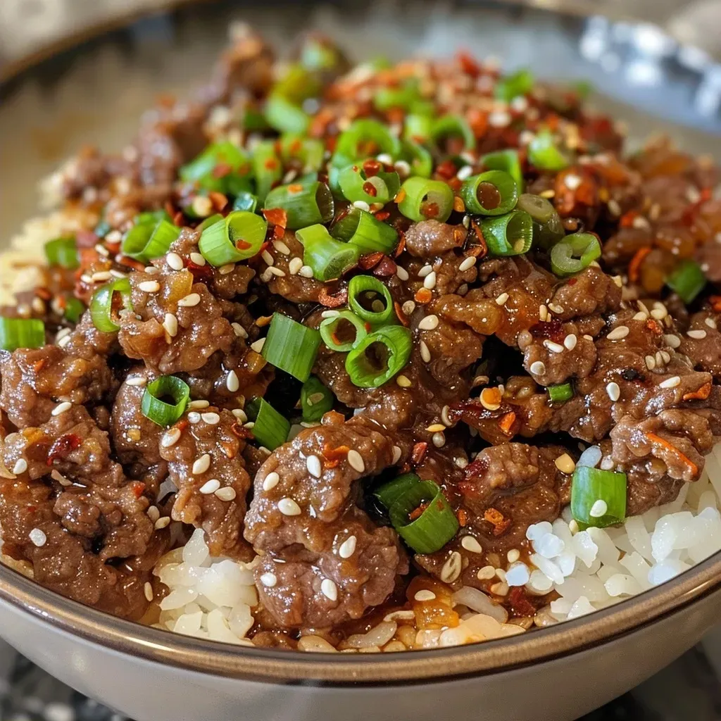 Side view of a colorful Korean beef bowl with vibrant ingredients and rich sauce.