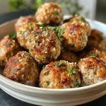 Close-up view of juicy, golden-brown turkey meatballs on a plate.