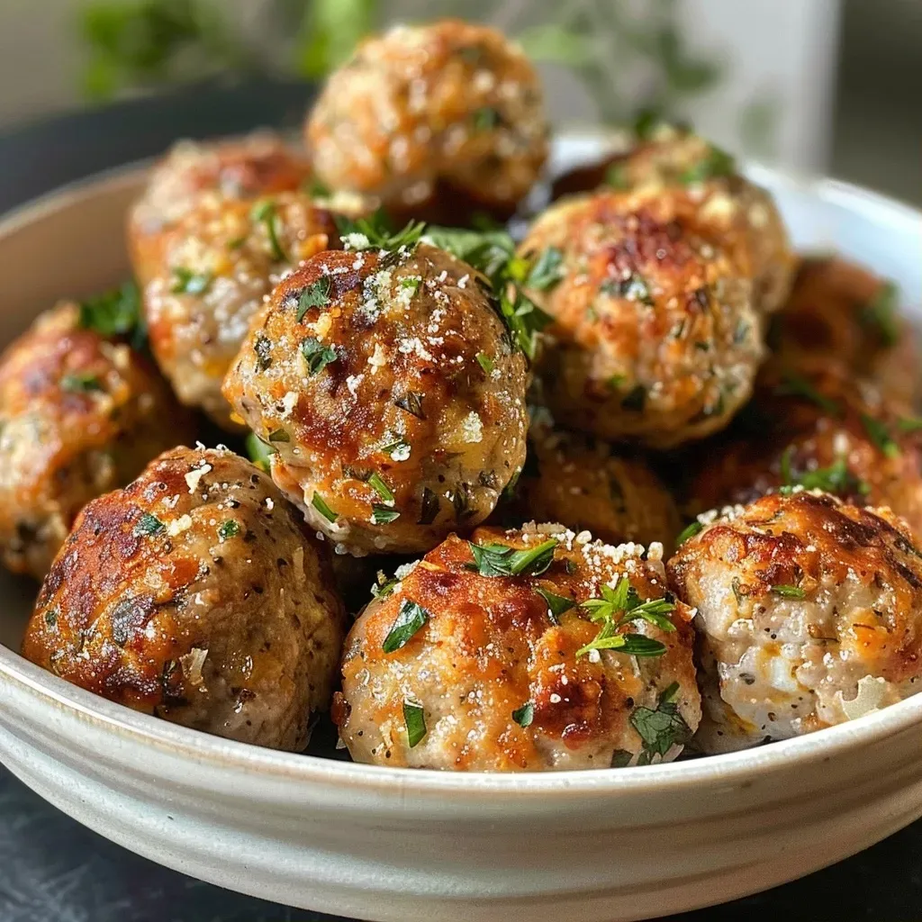 Close-up view of juicy, golden-brown turkey meatballs on a plate.
