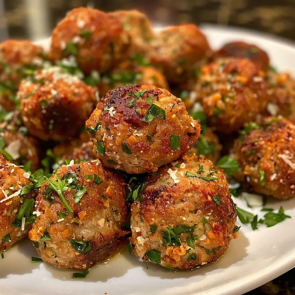 Side view of low-carb turkey meatballs with herbs and garlic visible.