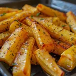 Close-up of glossy maple glazed parsnips with a golden hue.