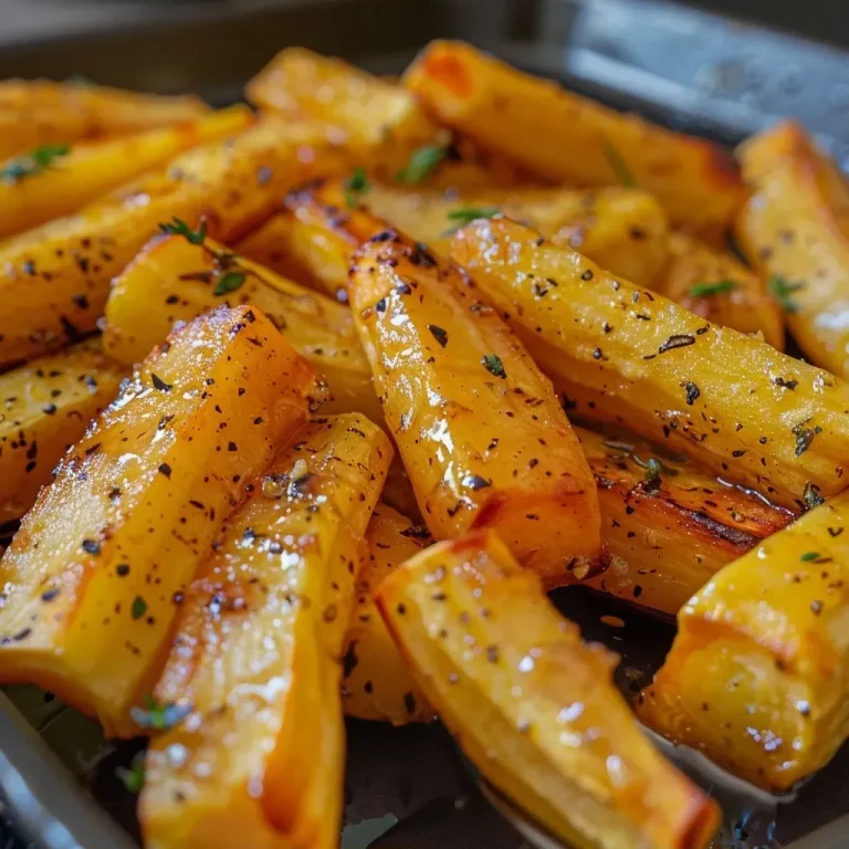 Close-up of glossy maple glazed parsnips with a golden hue.