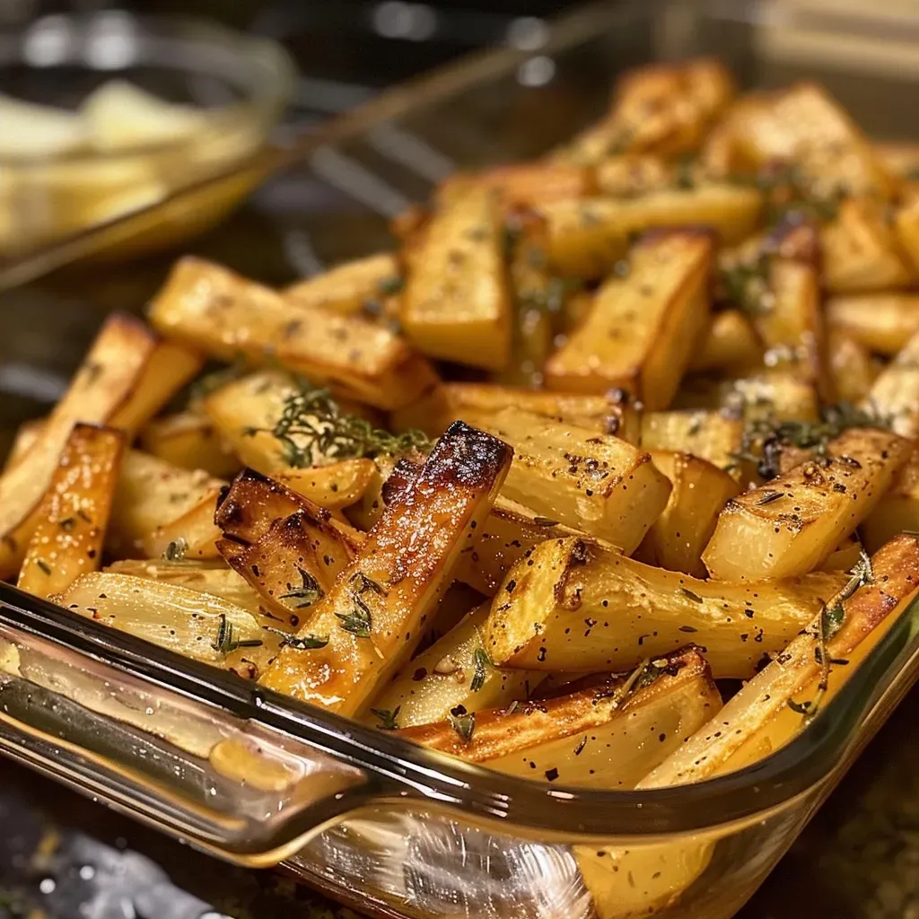 Juicy parsnips coated in a rich maple glaze, shot from the side.