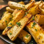 Close-up of roasted parsnips drizzled with maple syrup, golden-brown and shiny.