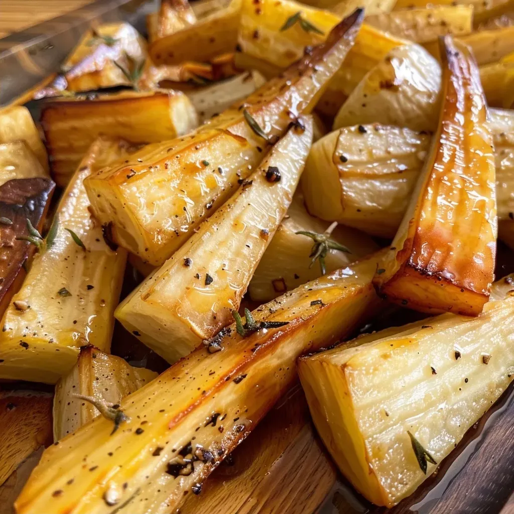 Side view of maple roasted parsnips, glistening and caramelized with a rich color.