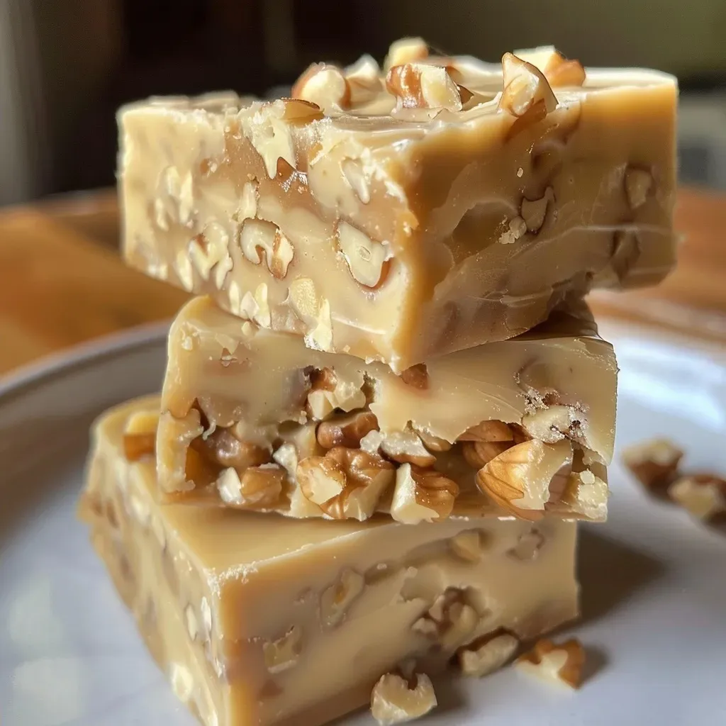Side view of Maple Walnut Fudge showcasing a smooth texture and walnut chunks.