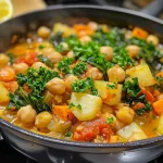 Close-up view of a bowl of Mediterranean Chickpea Stew with vibrant vegetables and herbs.