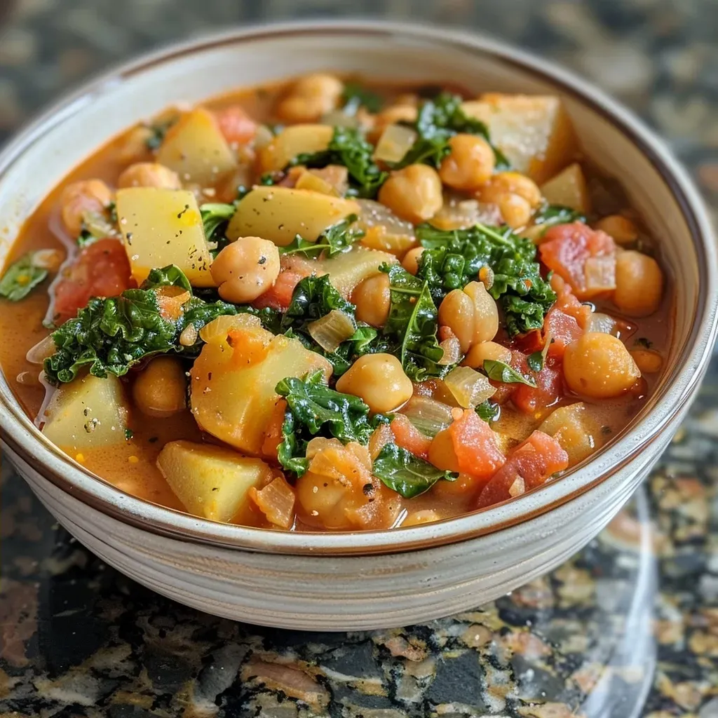 A side perspective of a hearty Mediterranean Chickpea Stew featuring chickpeas and kale.