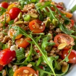 Close-up view of a vibrant Mediterranean farro salad with arugula, cherry tomatoes, and walnuts.