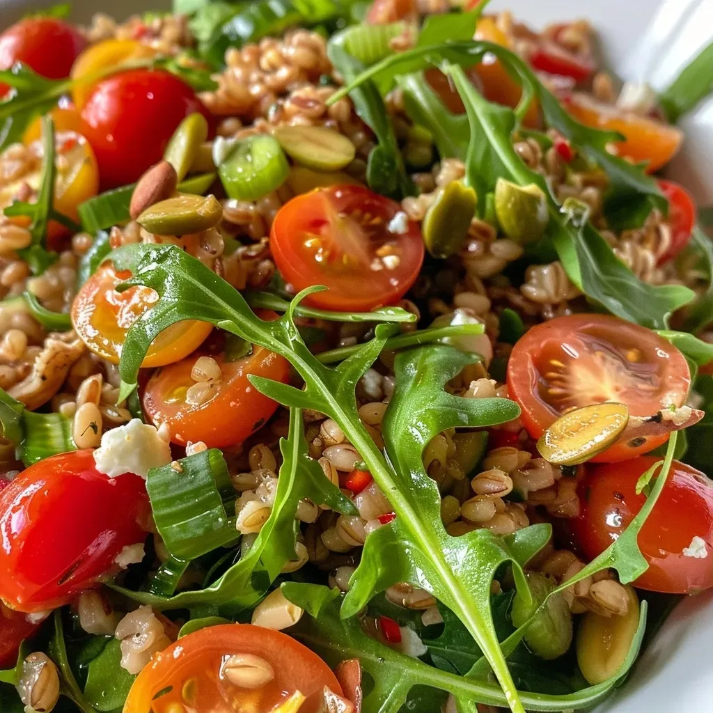 Close-up view of a vibrant Mediterranean farro salad with arugula, cherry tomatoes, and walnuts.