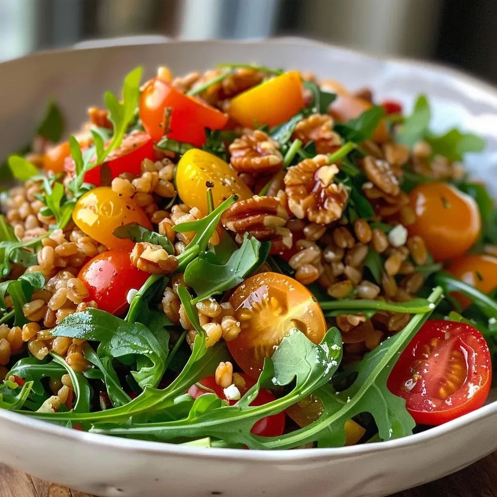 A side profile of a hearty Mediterranean farro salad featuring greens, nuts, and colorful vegetables.
