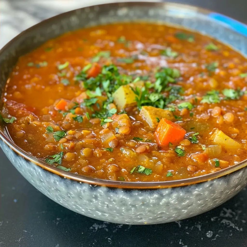 Side view of a hearty lentil soup featuring vibrant colors and textures from fresh ingredients.