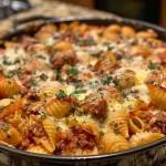 Close-up of a delicious One Pot Italian Sausage Pasta Bake with melted cheese.