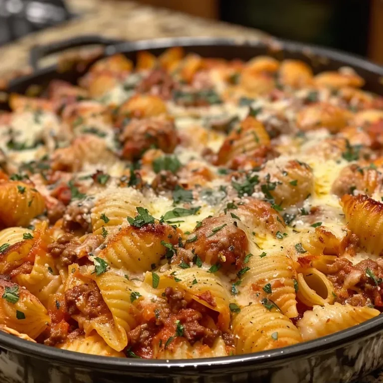A Cozy One Pot Italian Sausage Pasta Bake for Effortless Weeknight Dinners Close-up of a delicious One Pot Italian Sausage Pasta Bake with melted cheese.