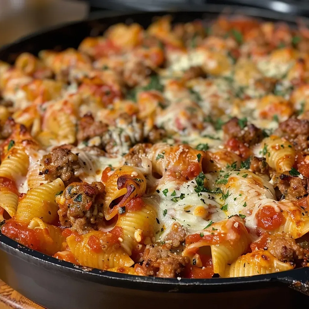 Side view of Italian sausage pasta bake, showcasing juicy chunks of sausage and pasta.