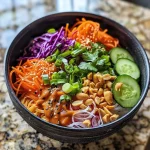 A close-up view of a vibrant Peanut Noodle Bowl with colorful vegetables and creamy peanut sauce.