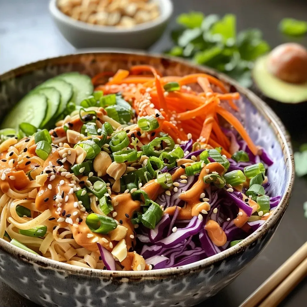 Side view of a delicious Peanut Noodle Bowl featuring rice noodles, carrots, cucumber, and red cabbage.