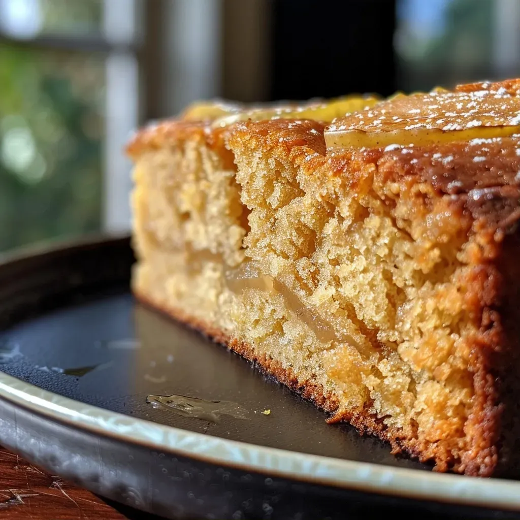 Close-up side view of a moist pear and ginger cake with slices of pear on top.