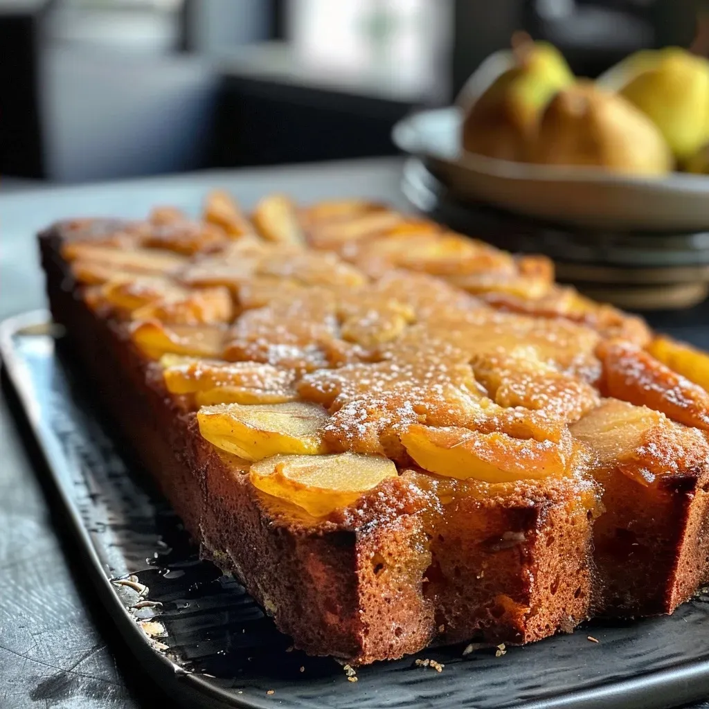 Detailed image of a freshly baked pear and ginger cake, showcasing its golden crust and pear decorations.