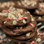 A close-up view of peppermint bark cookies showcasing layers of chocolate and crushed candy cane.