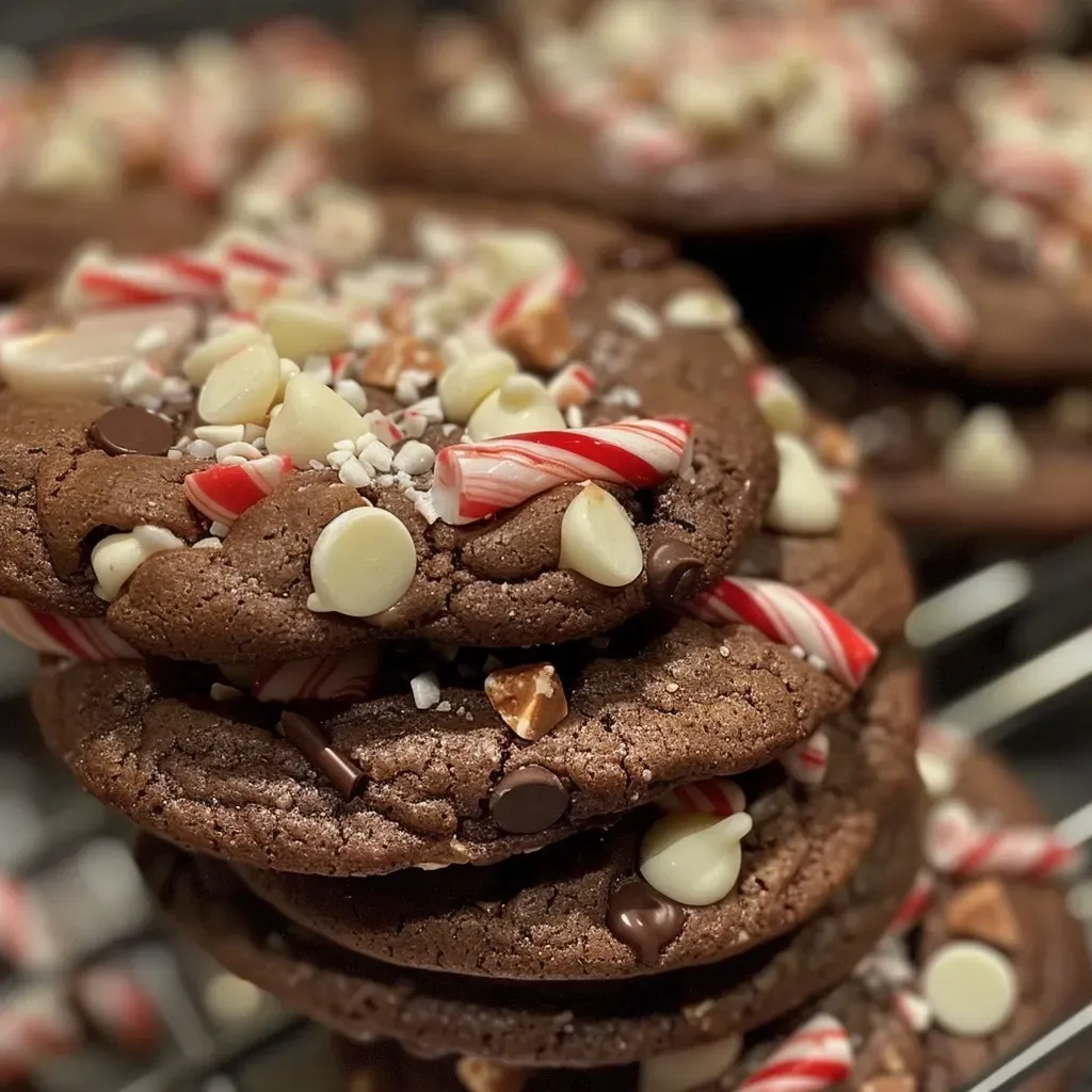 A close-up view of peppermint bark cookies showcasing layers of chocolate and crushed candy cane.
