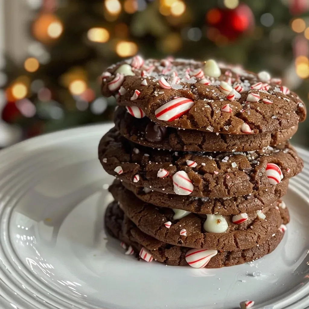 Side view of delicious peppermint bark cookies displaying a glossy chocolate layer and festive toppings.
