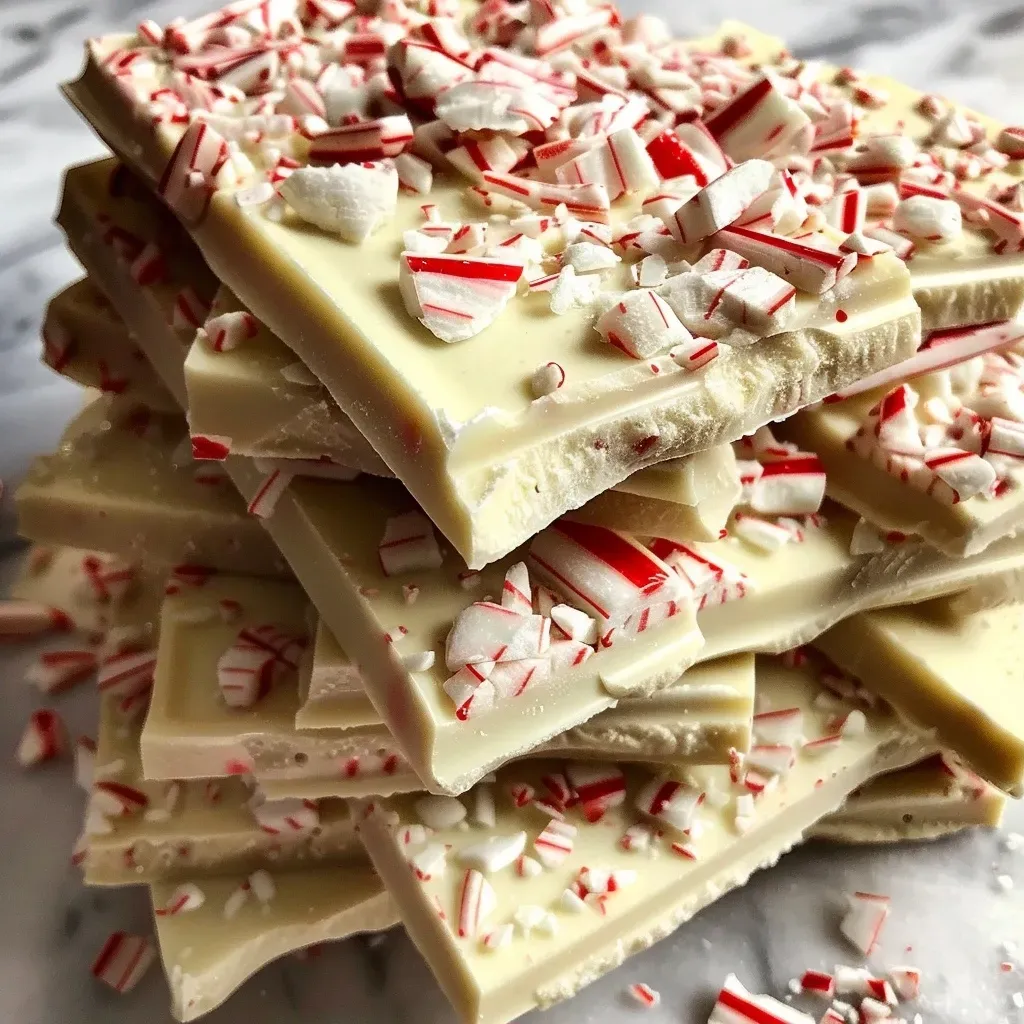 Close-up side view of homemade peppermint bark layered with semisweet and white chocolate, topped with crushed candy canes.