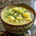 A close-up side view of a creamy potato leek soup in a bowl, garnished with fresh parsley.