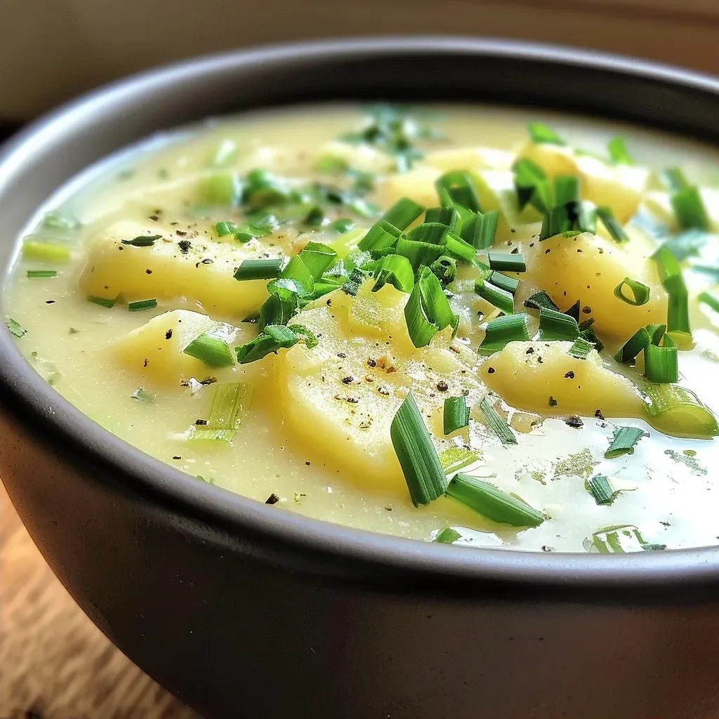 A delicious bowl of homemade potato leek soup, showing chunks of potatoes and leeks in a smooth broth.