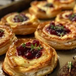 Close-up view of golden Puff Pastry Cranberry Brie Bites garnished with thyme.