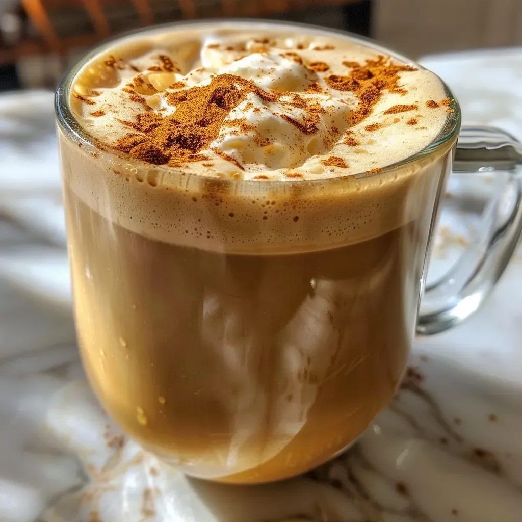 Side angle of a delicious Pumpkin Spice Latte in a clear glass with whipped cream and spices on top.