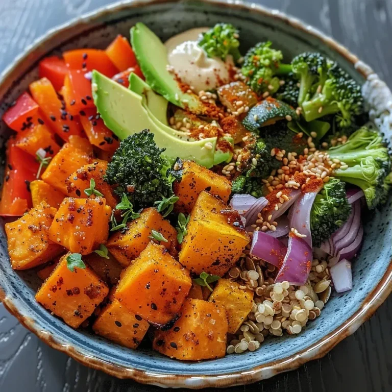 A Flavorful Journey: Easy Roasted Veggie Buddha Bowl to Brighten Your Dinner A vibrant Buddha bowl filled with roasted sweet potatoes, broccoli, red bell peppers, and zucchini.