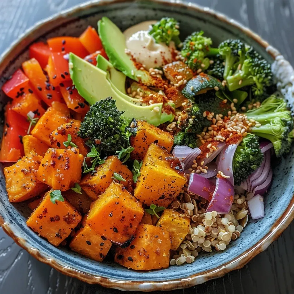 A vibrant Buddha bowl filled with roasted sweet potatoes, broccoli, red bell peppers, and zucchini.