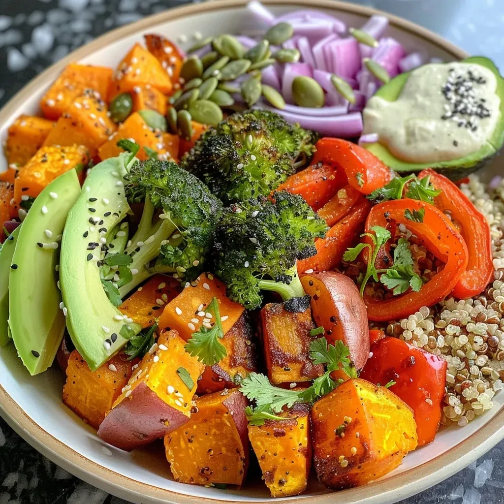 Close-up of a colorful veggie bowl topped with avocado slices and fresh herbs.