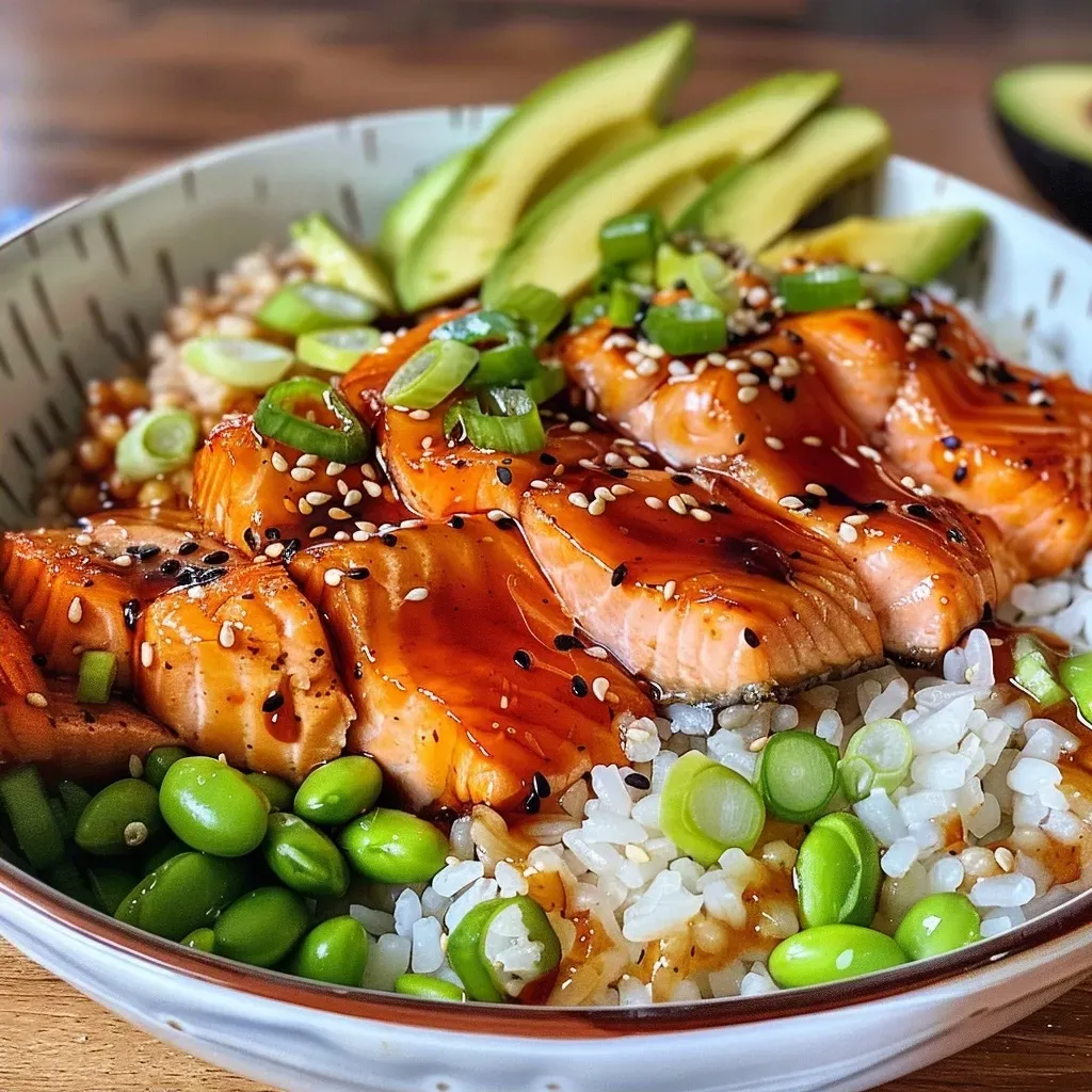 A vibrant bowl featuring chunks of salmon, rice, and various toppings like avocado and scallions.
