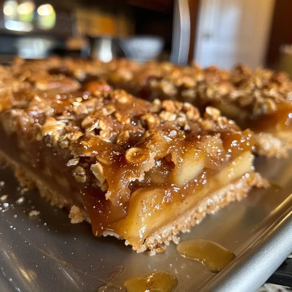 Close-up of a Salted Caramel Apple Pie, showcasing juicy apple slices and a glistening caramel topping.