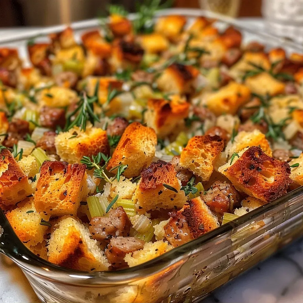 Close-up view of juicy sausage and herb stuffing with visible chunks of sausage and herbs.