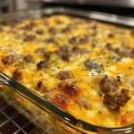Close-up view of a sausage egg and cheese breakfast casserole, highlighting its golden top and cheesy texture.