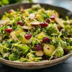 Close-up view of a colorful Shaved Brussels Sprout Salad with toppings.
