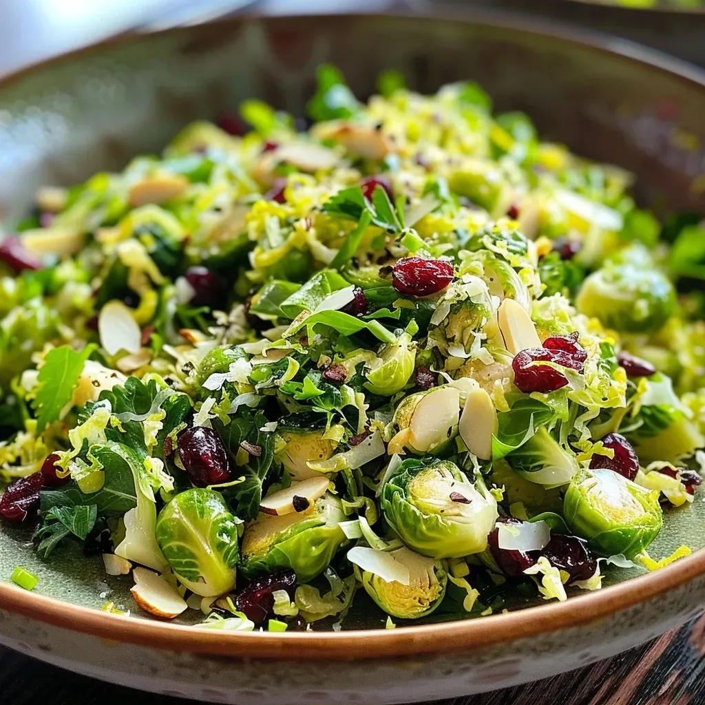 Fresh Shaved Brussels Sprout Salad with cranberries and nuts, side perspective.
