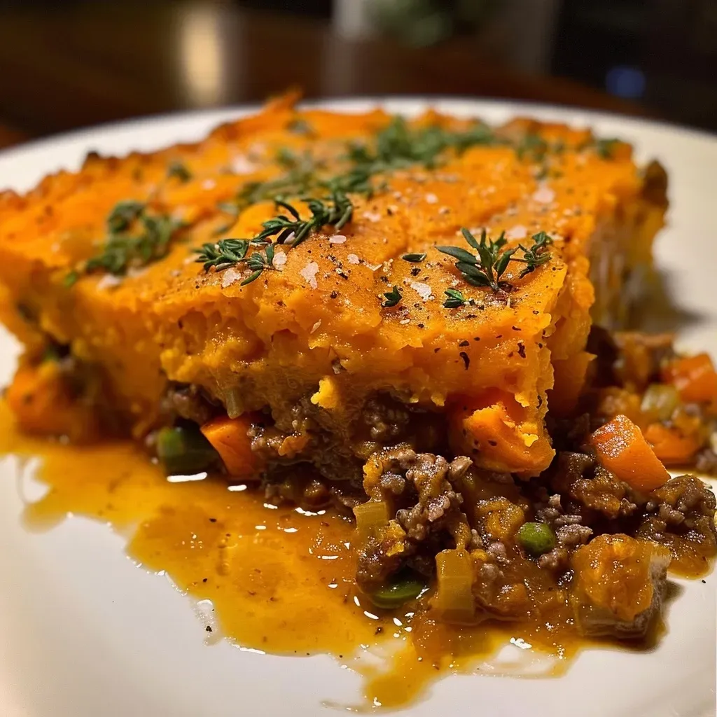 A close-up side view of a juicy Shepherd's Pie topped with sweet potato mash, showcasing golden crust.
