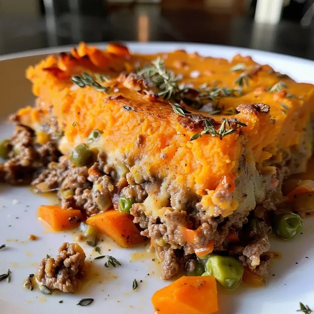Shepherd's Pie made with sweet potatoes, featuring a creamy topping and a layer of savory ground beef filling.