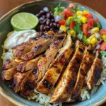 Close-up of Southwest Chicken Bowl featuring seasoned chicken, rice, and salsa.
