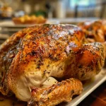 Close-up view of a juicy spatchcock smoked turkey, with golden-brown skin and visible herbs.