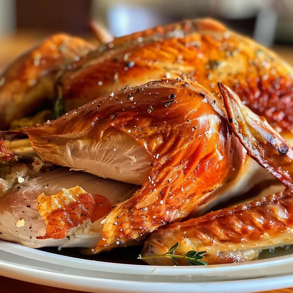 Side view of a perfectly smoked spatchcock turkey, showcasing its tender meat and crispy exterior.